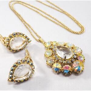 Vintage AB Rhinestone Pendant Necklace Earrings Set Clear Teardrop